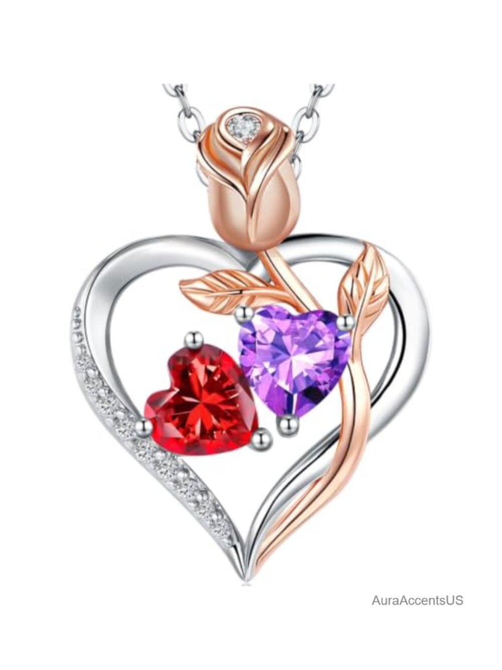 18K White Gold Plated Heart Dual Birthstone Pendant Necklace with I Love You